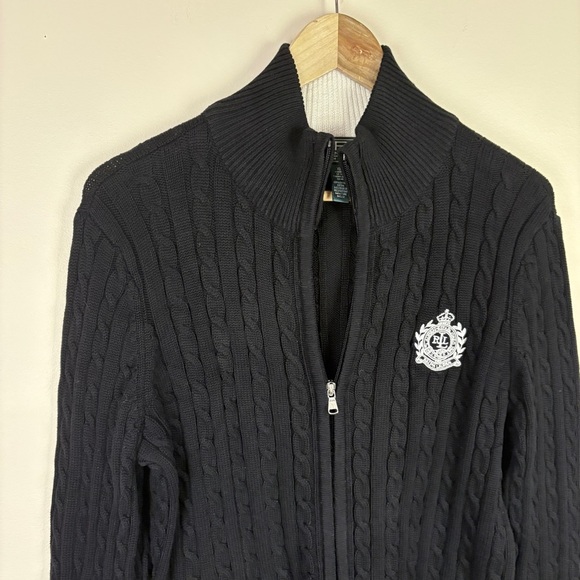 Ralph Lauren Black Cable Knit Zip Sweater White Crest Logo - Picture 4 of 6